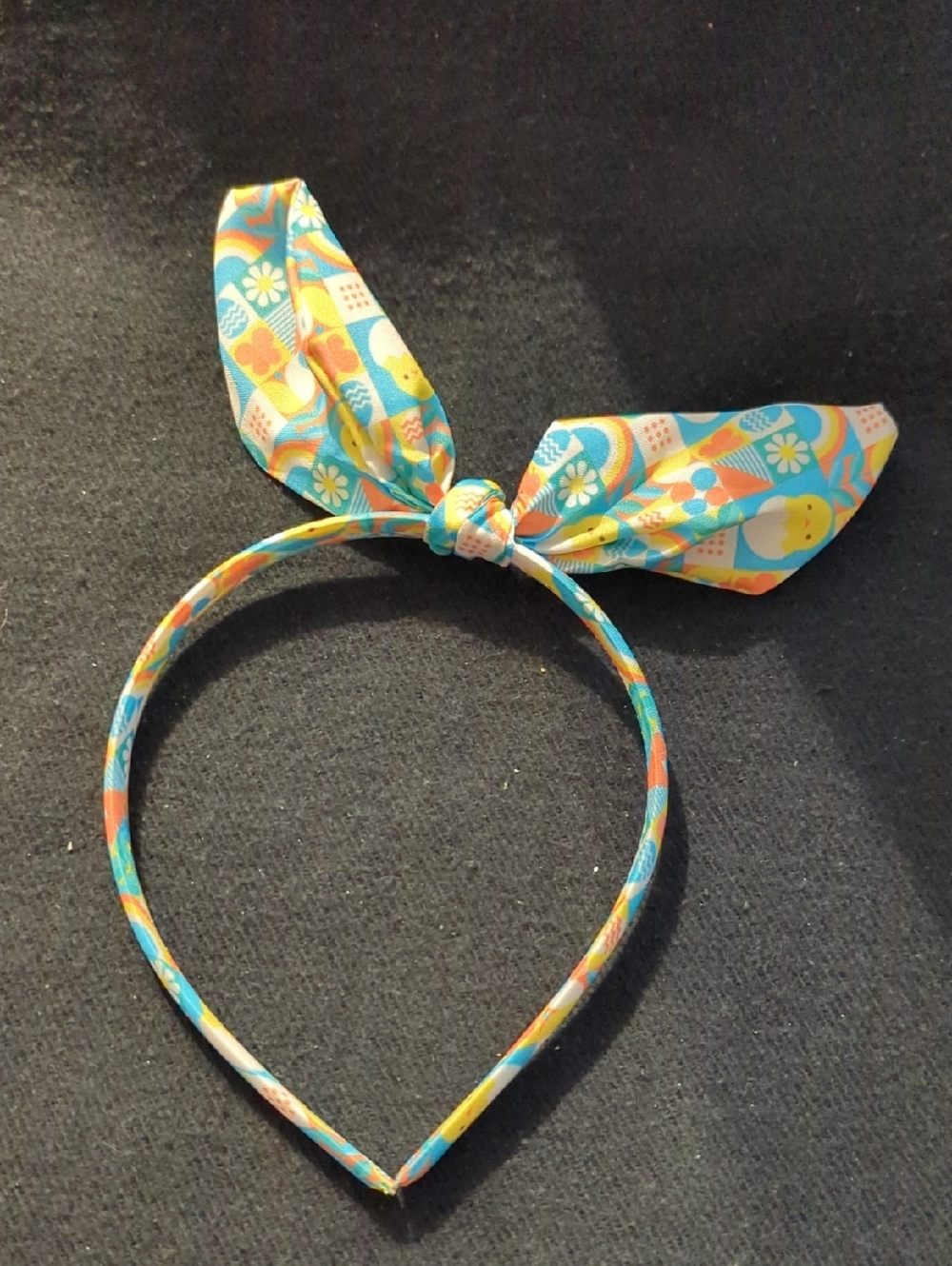 Kids Bow Headband in Turquoise & Yellow Easter Chick And Flowers